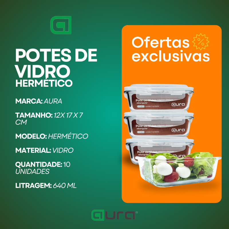Conjunto 10 Potes 640ml Hermético com 4 Travas