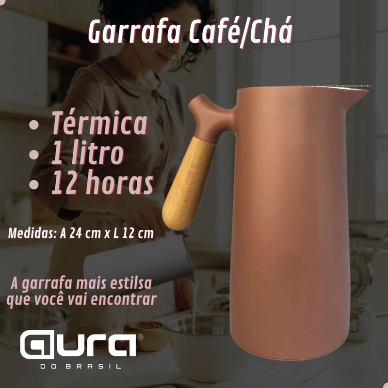 Garrafa Térmica 1L Café Chá Nórdica Cabo Madeira