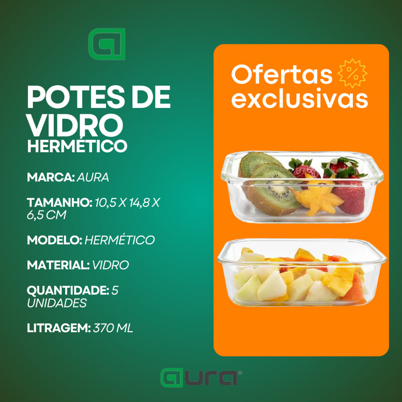 Kit 5 Potes Vidro Hermético Mantimentos Marmita 370ml Premium