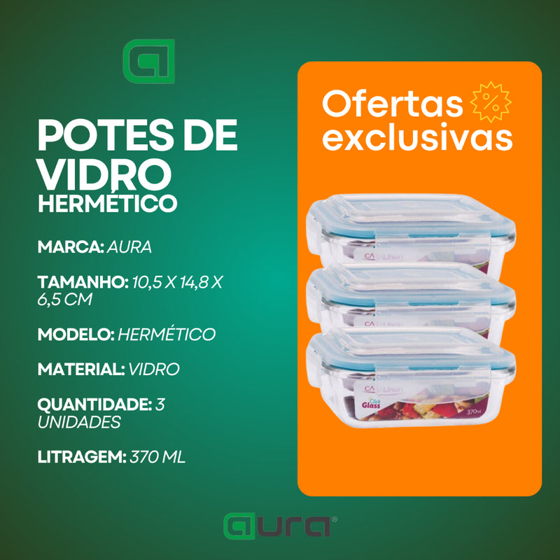 Conjunto 3 Potes Vidro Hermético Mantimentos Marmita 370ml