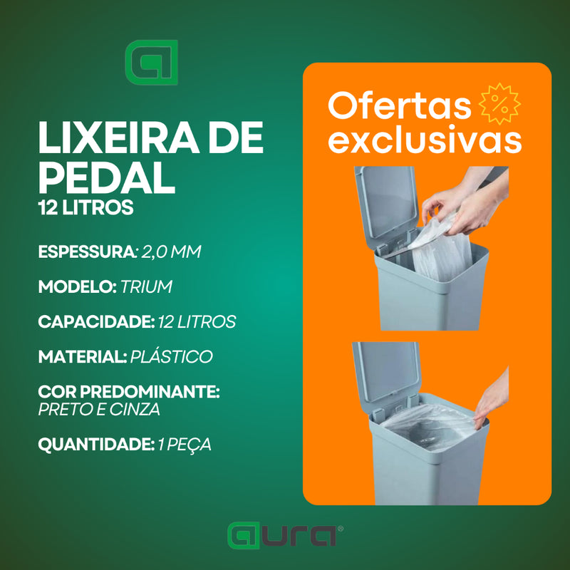 Lixeira de Pedal Plástico Trium 12 Litros Preto Cinza Martiplast