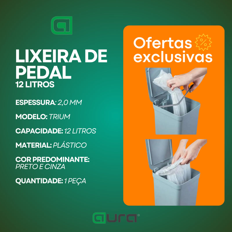 Lixeira de Pedal Plástico Trium 12 Litros Preto Cinza Martiplast
