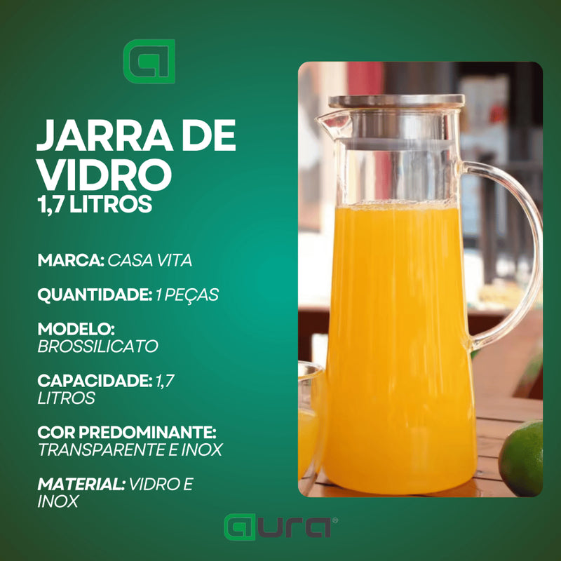 Jarra de Vidro 1,7L Borossilicato Transparente com Tampa Inox