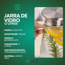 Jarra de Vidro 1,7L Borossilicato Transparente com Tampa Inox