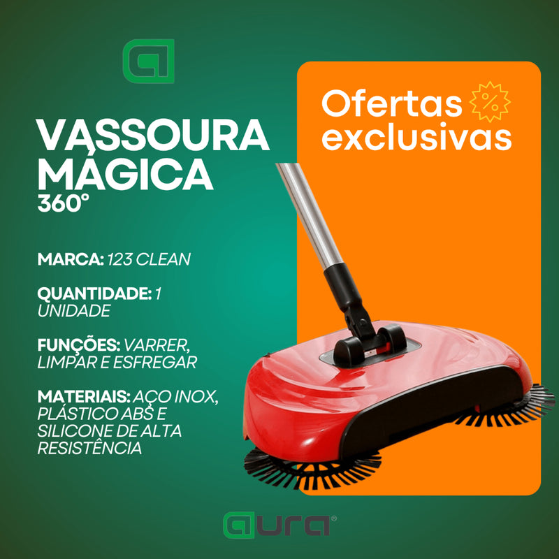 Vassoura Mágica 360 Recolhe e Armazena Resíduos Varre Aspira e Passa Pano Vassoura Giratória 360