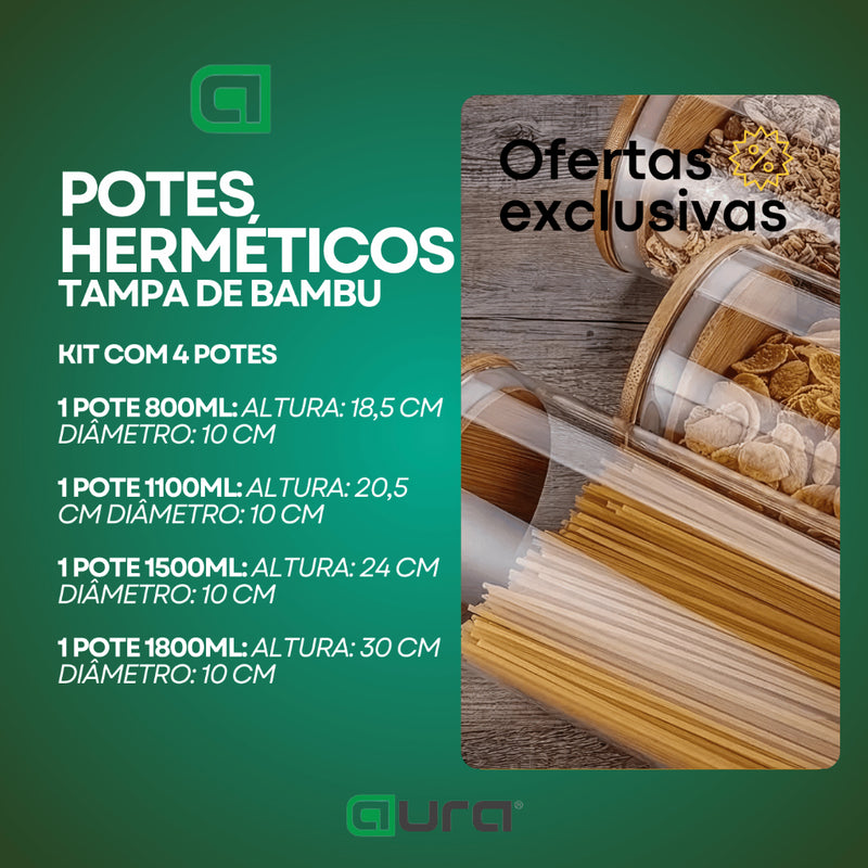 Porta Mantimento De Vidro Herméticos Kit Com 4 Potes Tampa De Bambu