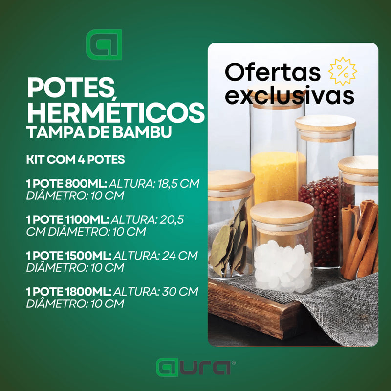 Porta Mantimento De Vidro Herméticos Kit Com 4 Potes Tampa De Bambu