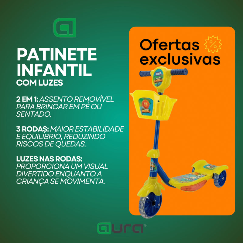 Patinete Infantil 3 Rodas Luz Led Com Cesto Música Regulável