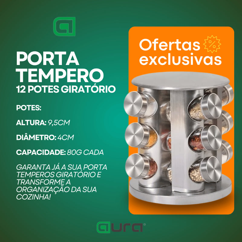 Porta Tempero Giratório Inox 12 Potes Com Suporte Giratorio