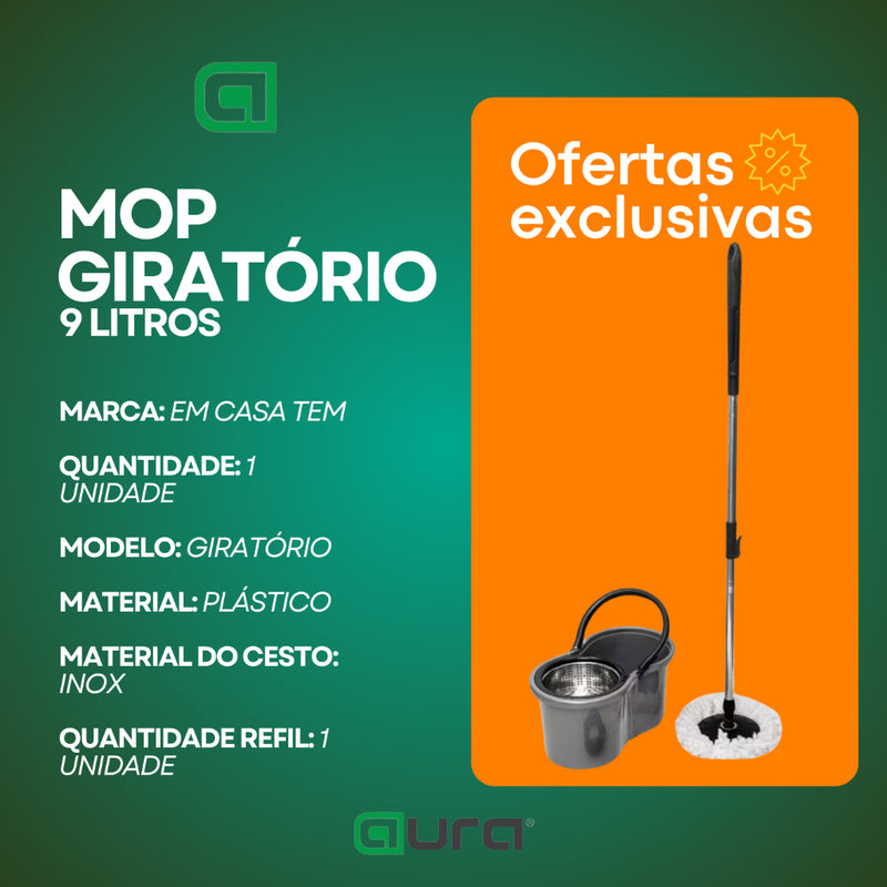 Mop Com Centrifuga Inox Com Refil de Microfibra e Cabo em Inox 8 Litros Mopi