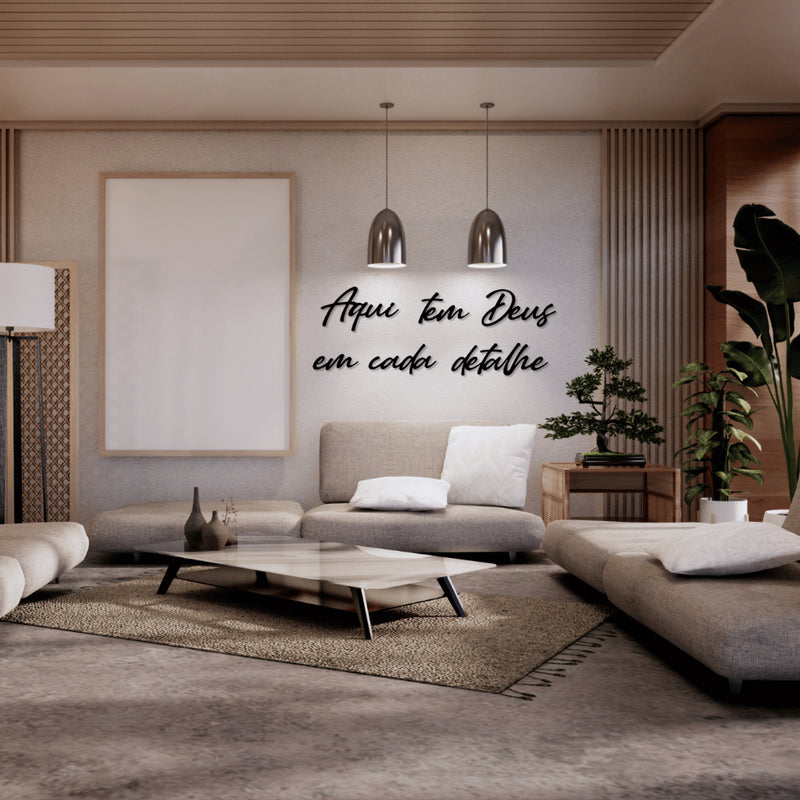 Frase Decorativa Em Mdf Aqui Tem Deus em Cada Detalhe Preto 1 Metro