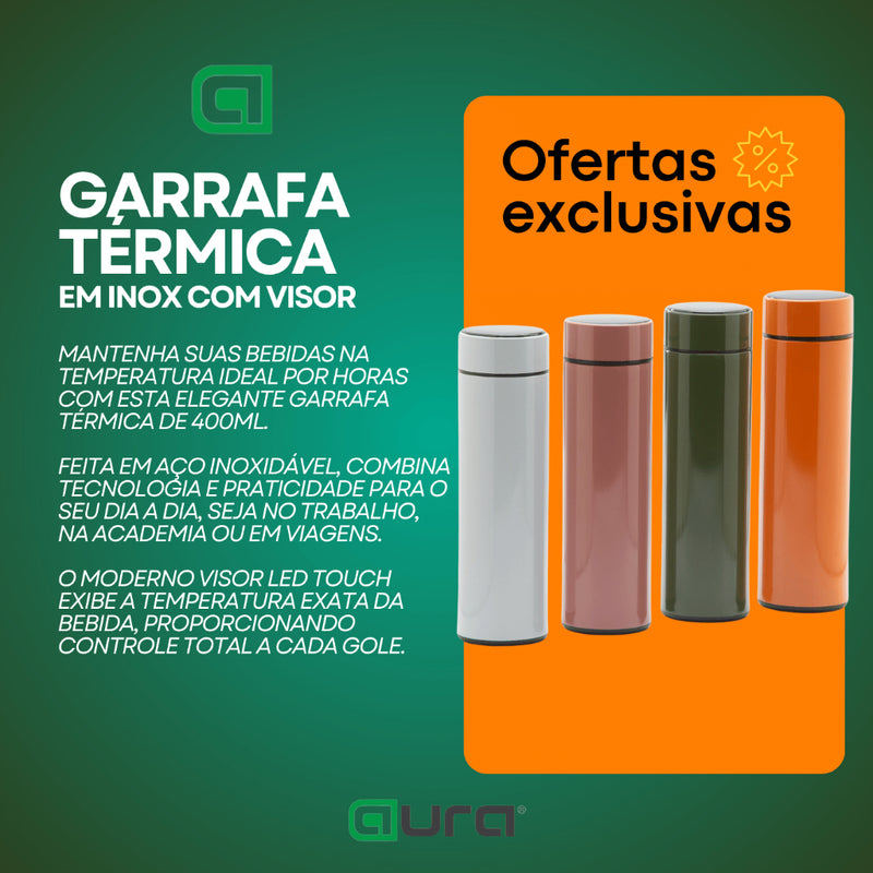 Garrafa Térmica 400ml Portátil Termômetro Inox Display Led Material de Aço Inoxidável