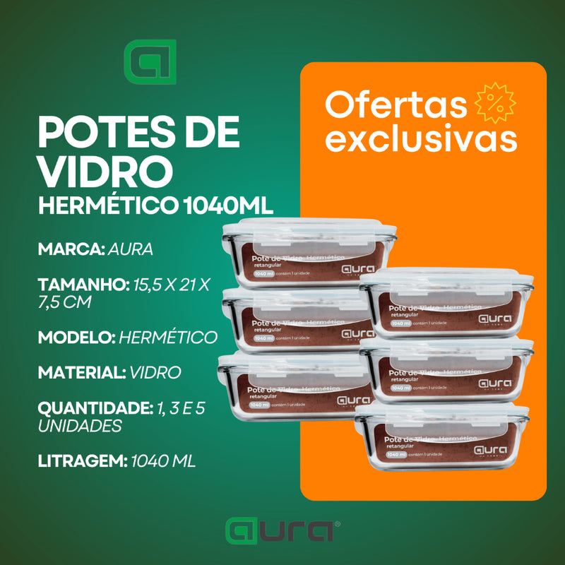 Jogo 5 Potes Vidro Hermético Transparente 4 Travas Marmita Premium 1040ml