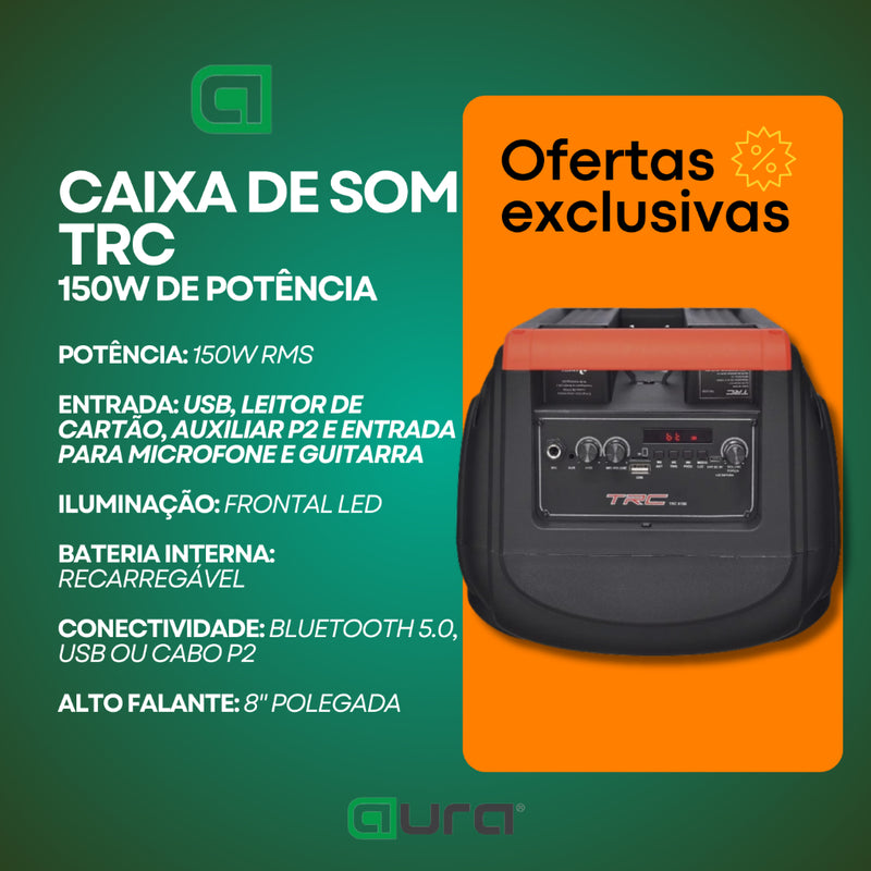 Caixa De Som Amplificada 150w RMS Portátil LED RGB Bluetooth USB SD Entrada P10 Microfone Radio Fm Aux P2