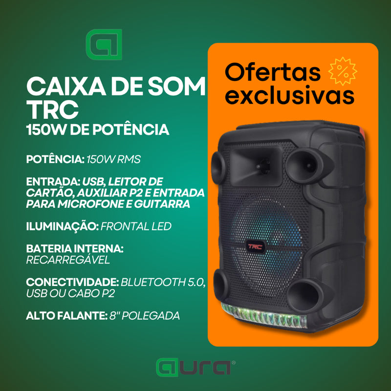 Caixa De Som Amplificada 150w RMS Portátil LED RGB Bluetooth USB SD Entrada P10 Microfone Radio Fm Aux P2