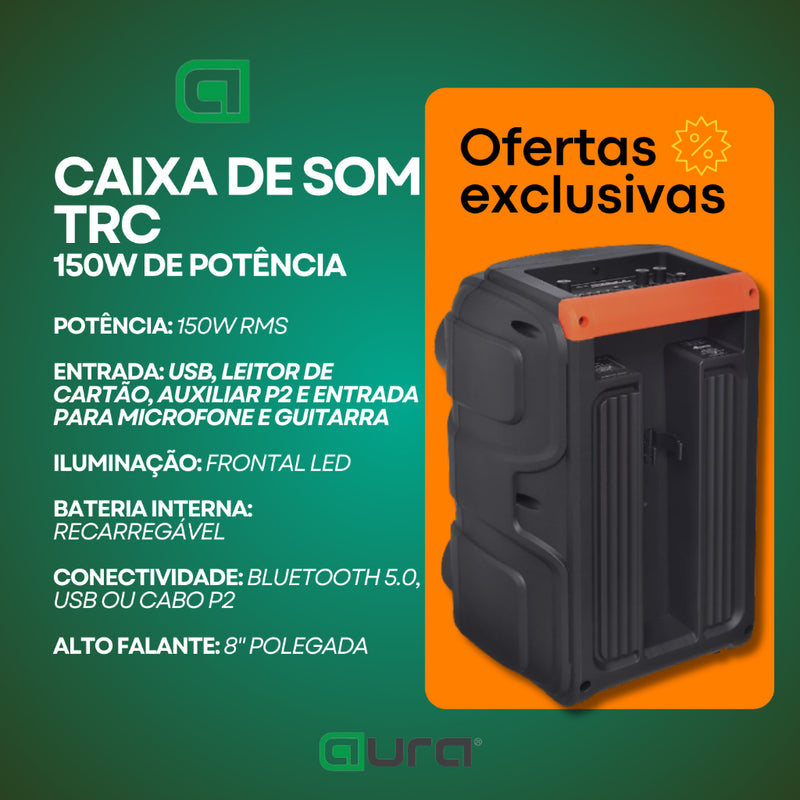 Caixa De Som Amplificada 150w RMS Portátil LED RGB Bluetooth USB SD Entrada P10 Microfone Radio Fm Aux P2
