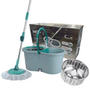 Mop Em Inox Com Cabo de 140cm Refil Rodinhas e Cesto Balde Centrifuga