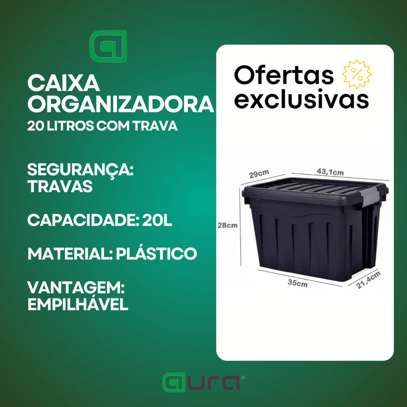 Kit 3 Caixa Organizadora Multiuso 20L Empalhável Trava e Com Rodinha Rodizio