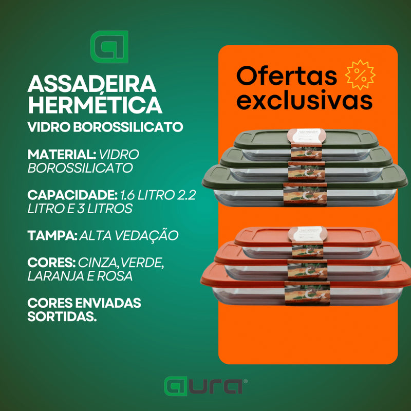 Conjunto de Assadeiras Retangulares em Vidro Borossilicato 3 Peças