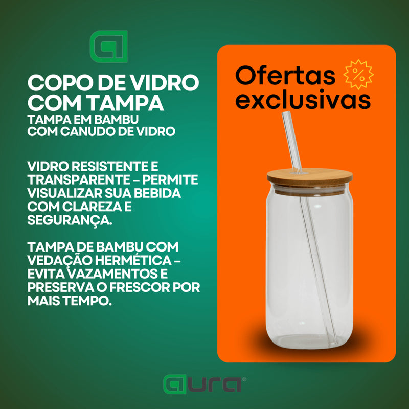 Copo de Vidro com Tampa de Bambu e Canudo de Vidro 570 ML Drinks Caipirinha