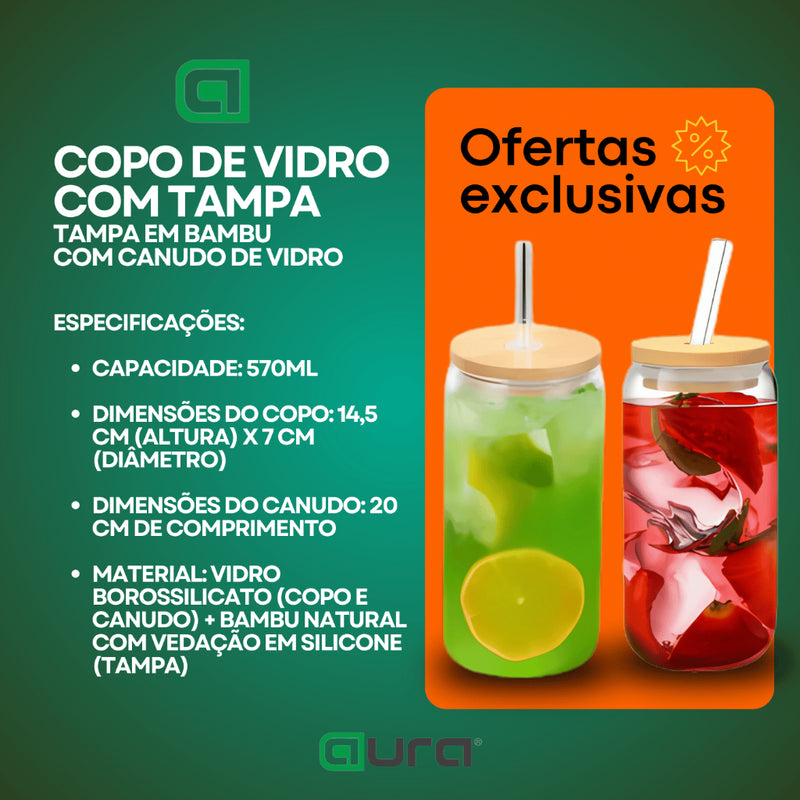 Copo de Vidro com Tampa de Bambu e Canudo de Vidro 570 ML Drinks Caipirinha