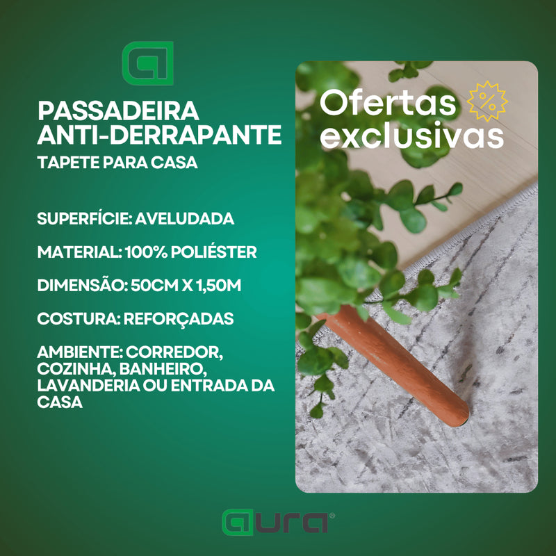 Tapete Passadeira Antiderrapante1,50 x 0,50 Corredor Quarto Sala Aveludado Costura Reforçada