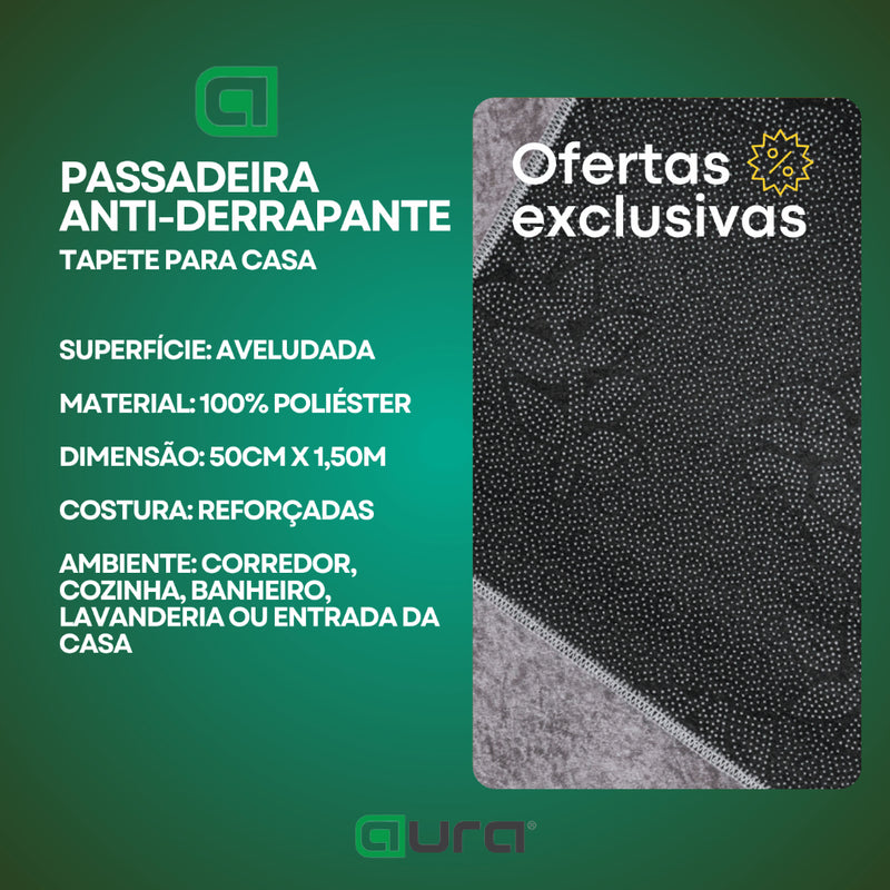 Tapete Passadeira Antiderrapante1,50 x 0,50 Corredor Quarto Sala Aveludado Costura Reforçada