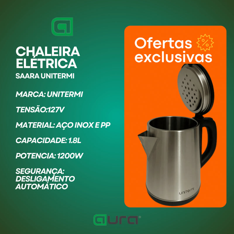 Chaleira Elétrica Térmica Unitermi Saara Bule Com Tampa Inox 1,8L Modelo Novo