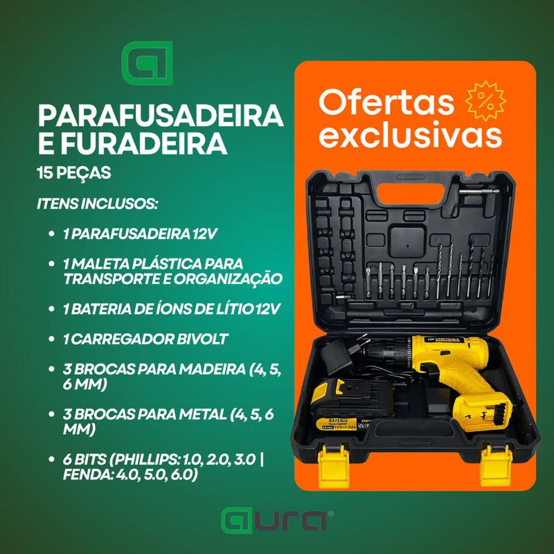 Parafusadeira e Furadeira Bivolt 12v 15 Peças Startools