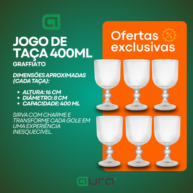 Jogo de 6 Taça Graffiato 400ml Copo Vidro Transparente