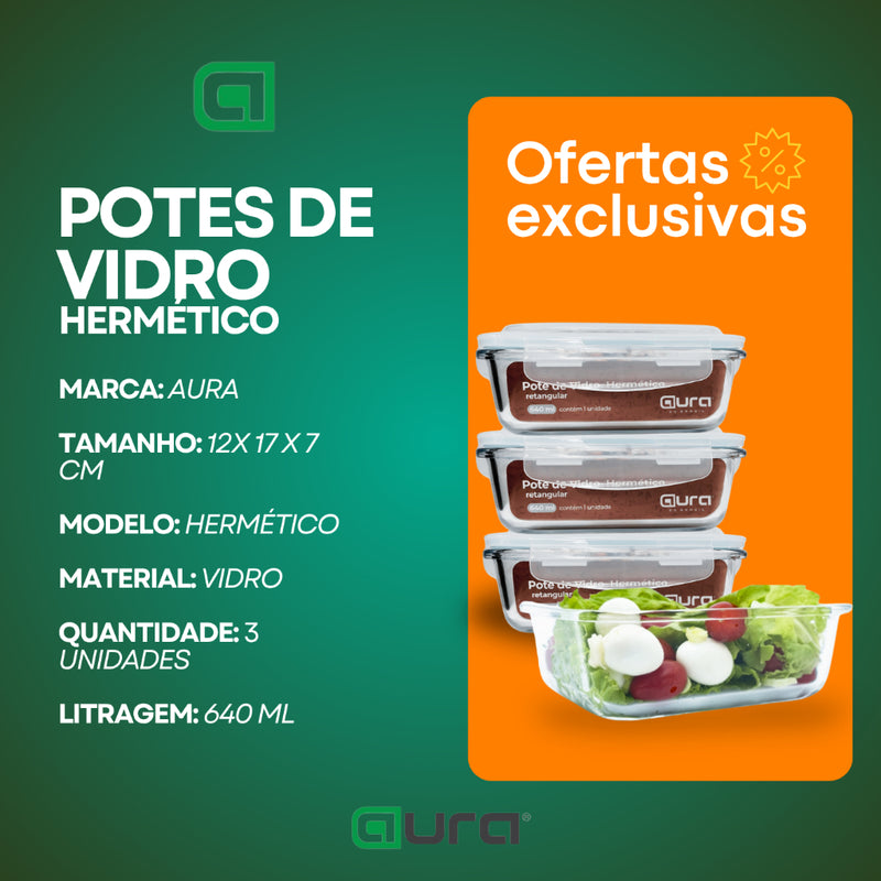 Conjunto 3 Potes 640ml Vidro Hermético 4 Travas Marmita