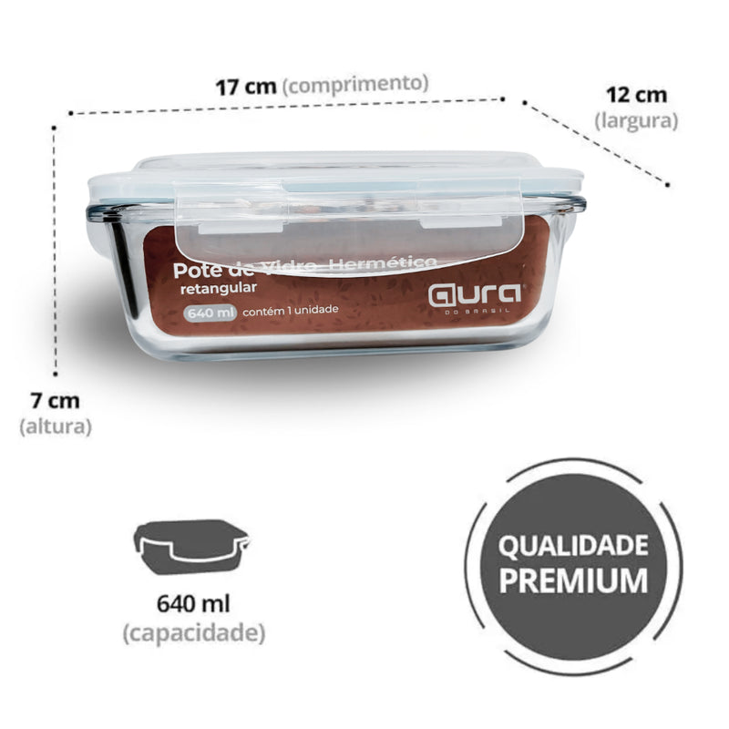 Conjunto 3 Potes 640ml Vidro Hermético 4 Travas Marmita