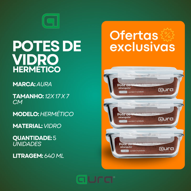 Jogo 5 Potes Hermético 640ml Vidro 4 Travas Marmita Armazenamento de Alimentos