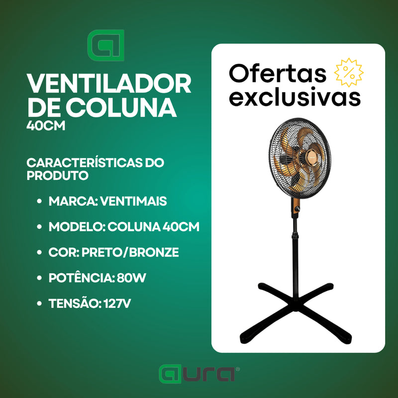 Ventilador De Chão De Pé De Coluna 40cm Preto Forte e Silencioso