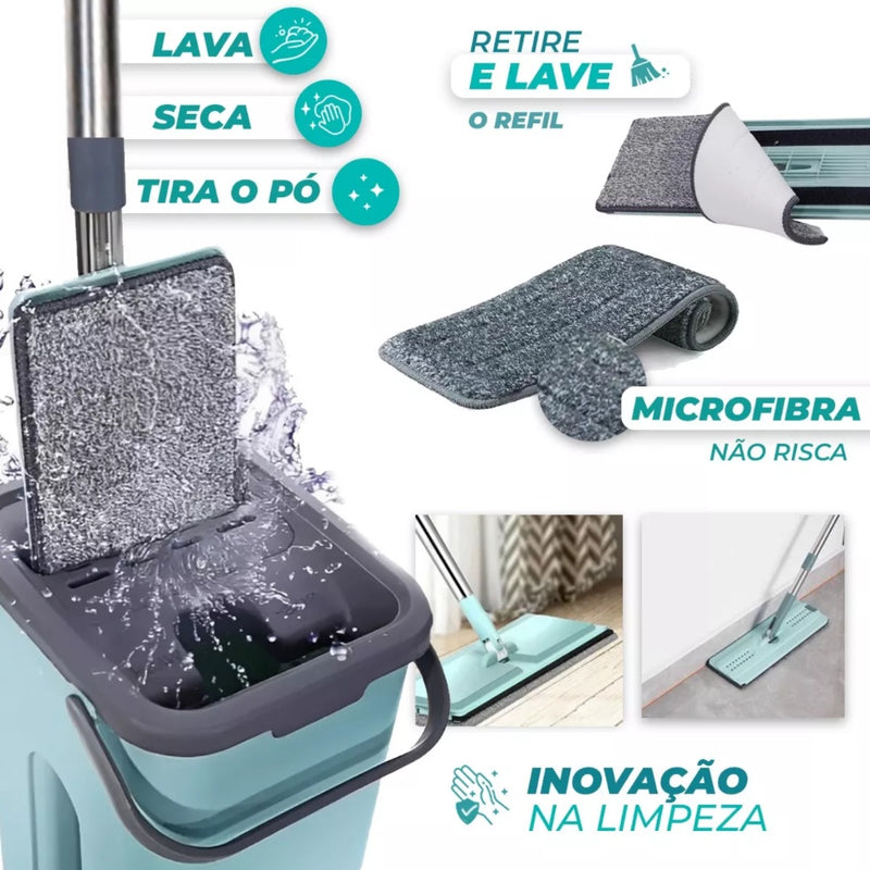 Flat Mop 2 Refis Esfregão Com Balde Rodo Mágico Lava Seca Tira Pó
