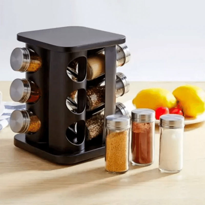 Porta Tempero Quadrado Giratório Inox Preto 12 Potes Com Suporte Giratorio