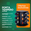 Porta Tempero Quadrado Giratório Inox Preto 12 Potes Com Suporte Giratorio