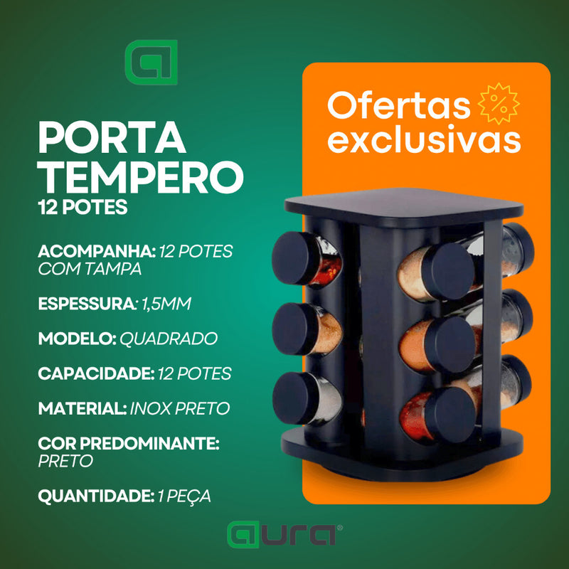 Porta Tempero Quadrado Giratório Inox Preto 12 Potes Com Suporte Giratorio