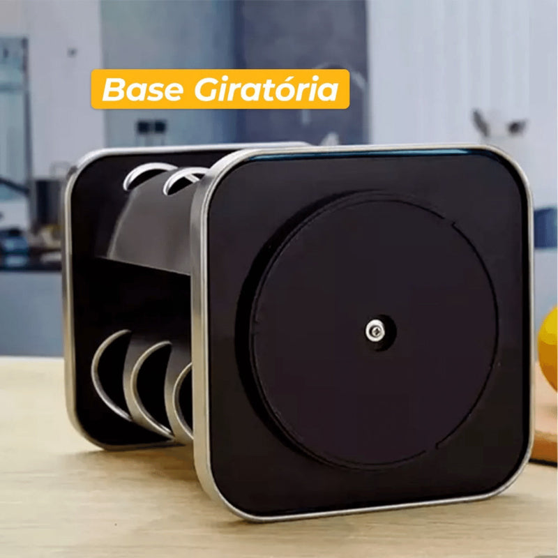 Porta Tempero Quadrado Giratório Inox Preto 12 Potes Com Suporte Giratorio