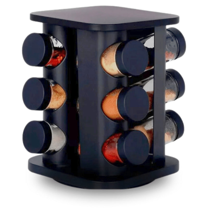 Porta Tempero Quadrado Giratório Inox Preto 12 Potes Com Suporte Giratorio