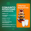 Kit Conjunto De Potes 5 Peças Vidro e 6 Copos Arizona 200ml Transparente