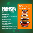 Kit Conjunto De Potes 5 Peças Vidro e 6 Copos Arizona 200ml Transparente