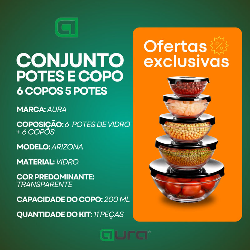 Kit Conjunto De Potes 5 Peças Vidro e 6 Copos Arizona 200ml Transparente